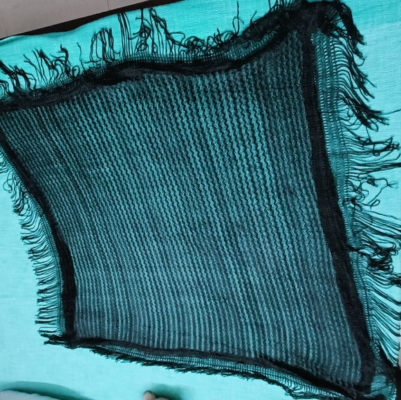 Black Fringed Square Shape Crochet knit Fabric Net Scarf - Picture 4 of 4